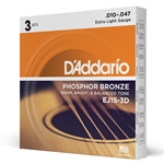 Daddario  EJ15-3D Phosphor Bronze Acoustic Guitar Strings, Extra Light, 3 Sets