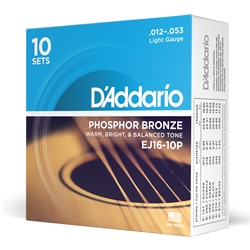 Daddario  EJ16-10P Phosphor Bronze Acoustic Guitar Strings, Light, 10 Sets
