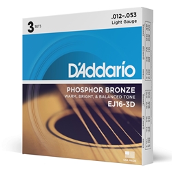 Daddario  EJ16-3D Phosphor Bronze Acoustic Guitar Strings, Light, 3 Sets