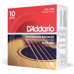 Daddario  EJ17-10P Phosphor Bronze Acoustic Guitar Strings, Medium, 13-56, 10 Sets
