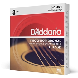 Daddario  EJ17-3D Phosphor Bronze Acoustic Guitar Strings, Medium, 13-56, 3 Sets