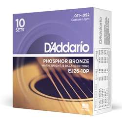Daddario  EJ26-10P Phosphor Bronze Acoustic Guitar Strings, Custom Light, 11-52, 10 Sets