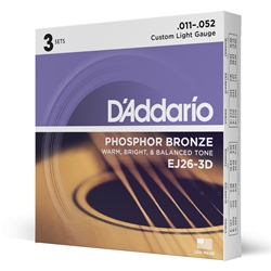 Daddario  EJ26-3D Phosphor Bronze Acoustic Guitar Strings, Custom Light, 11-52, 3 Sets