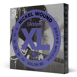 Daddario  EXL115-3D Nickel Wound Electric Guitar Strings, 3 Sets, Medium/Blues-Jazz Rock, 11-49, 3 Sets