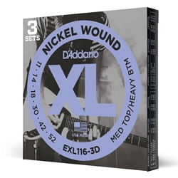 Daddario  EXL116-3D Nickel Wound Electric Guitar Strings, Medium Top/Heavy Bottom, 11-52, 3 Sets