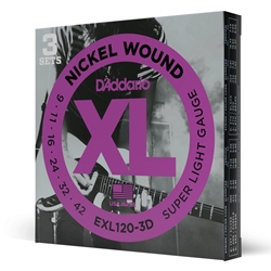 Daddario  EXL120-3D Nickel Wound Electric Guitar Strings, Super Light, 09-42, 3 Sets