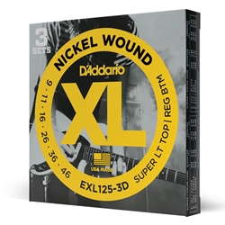 Daddario  EXL125-3D Nickel Wound Electric Guitar Strings, Super Light Top/Regular Bottom, 09-46, 3 Sets