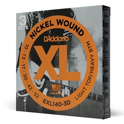Daddario  EXL140-3D Nickel Wound Electric Guitar Strings, Light Top/Heavy Bottom, 10-52, 3 sets